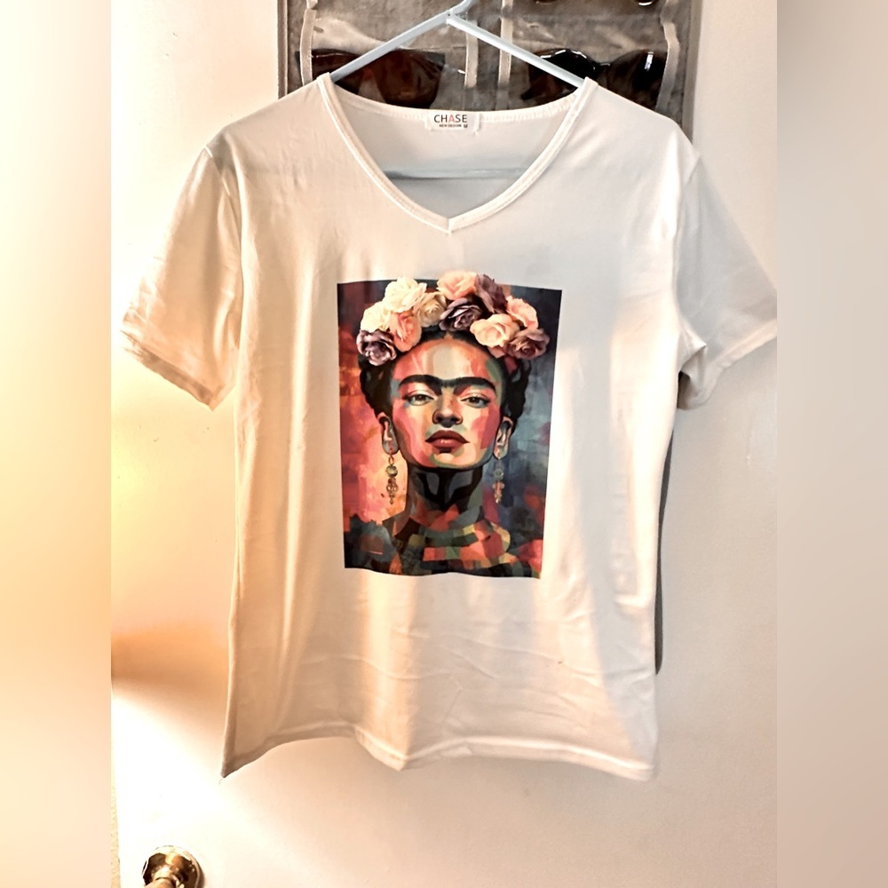 Frida Kahlo tshirt with 3D Floral Accents